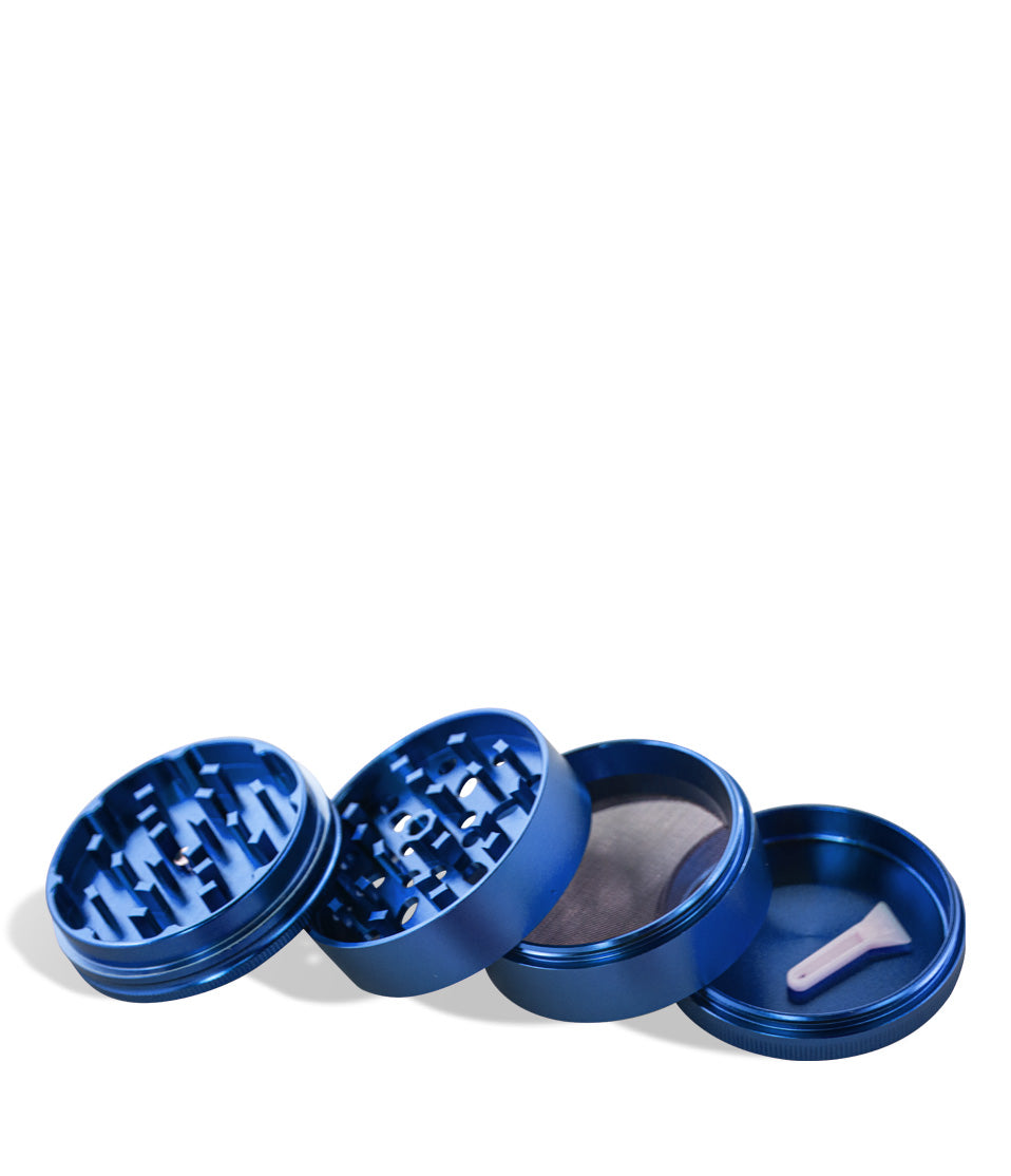 Blue Wulf Mods 65mm 4pc Grinder Open Apart View on White Background