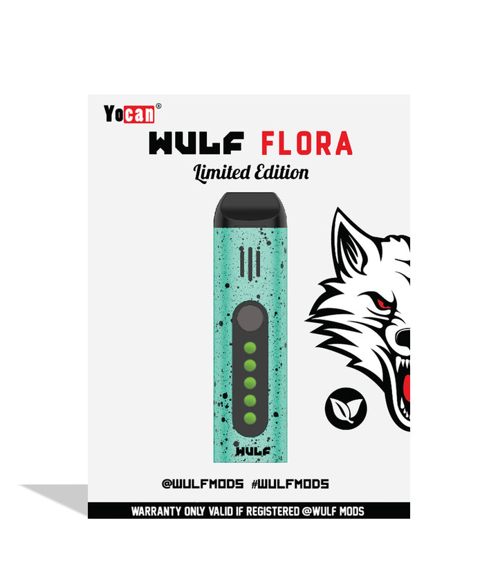 Teal Black Spatter packaging Wulf Mods Flora Portable Dry Herb Vaporizer on white background