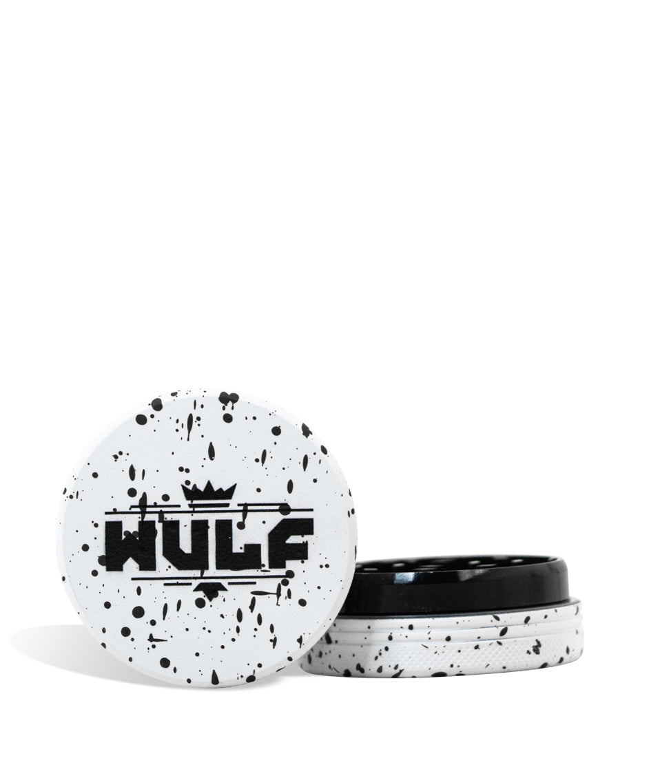 White Black Spatter Wulf Mods 2pc 65mm Spatter Grinder Front View on White Background