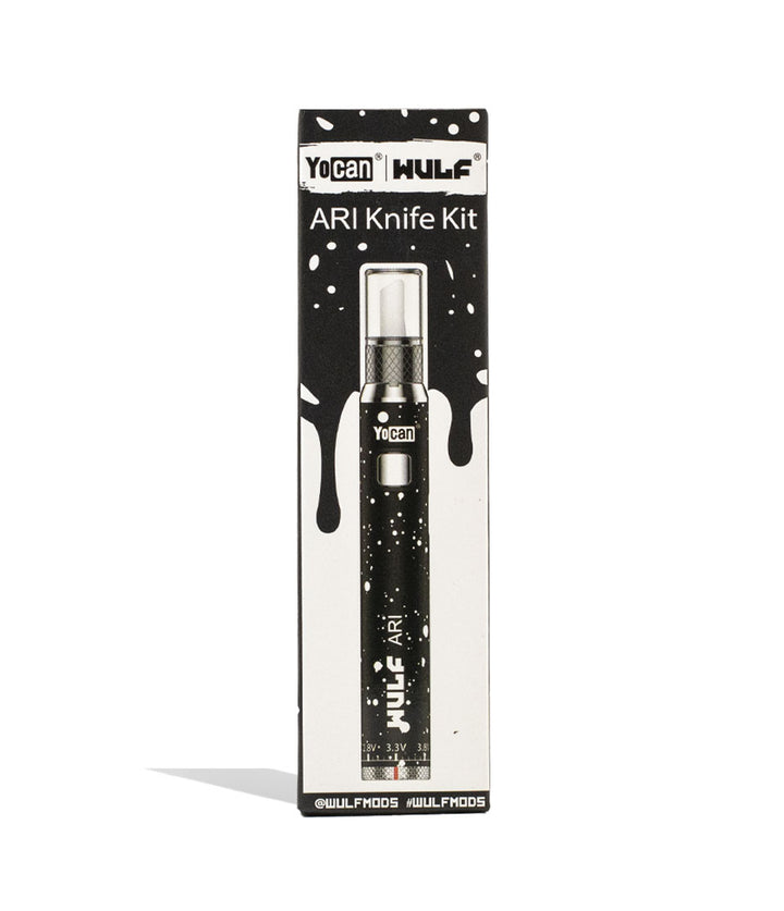 Black White Spatter Wulf Mods ARI Hot Knife packaging on white background