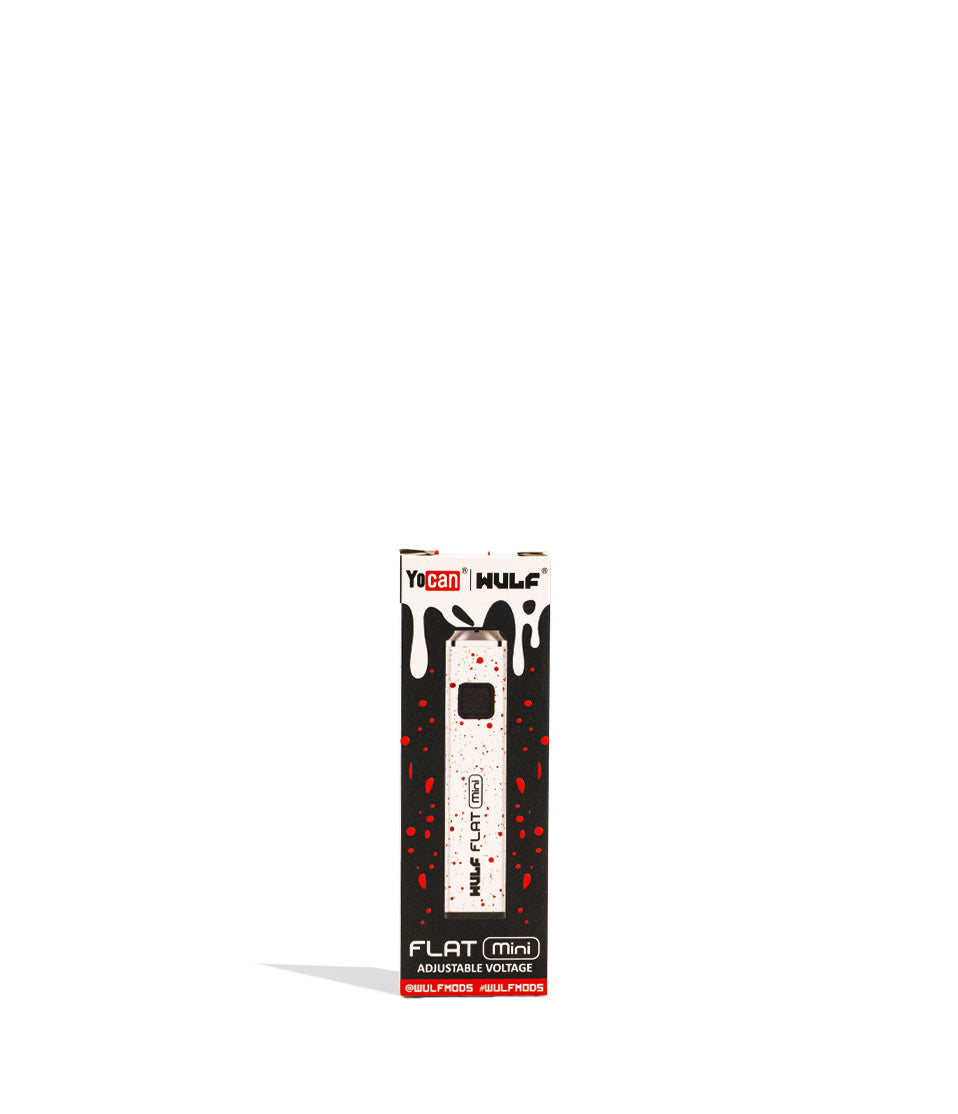 White Red Spatter Wulf Mods Flat Mini Cartridge Battery Packaging Front View on White Background