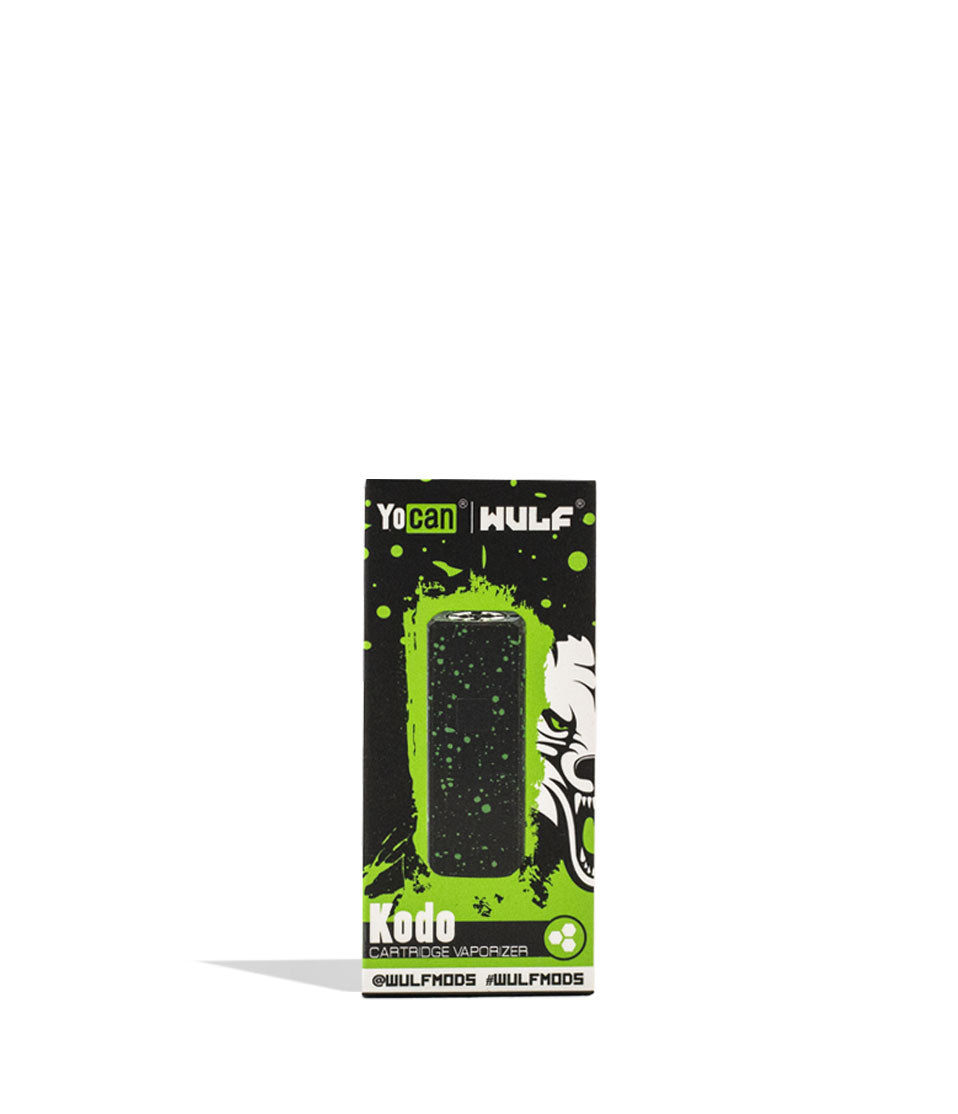 Black Green Spatter packaging Wulf Mods KODO Cartridge Vaporizer on white background