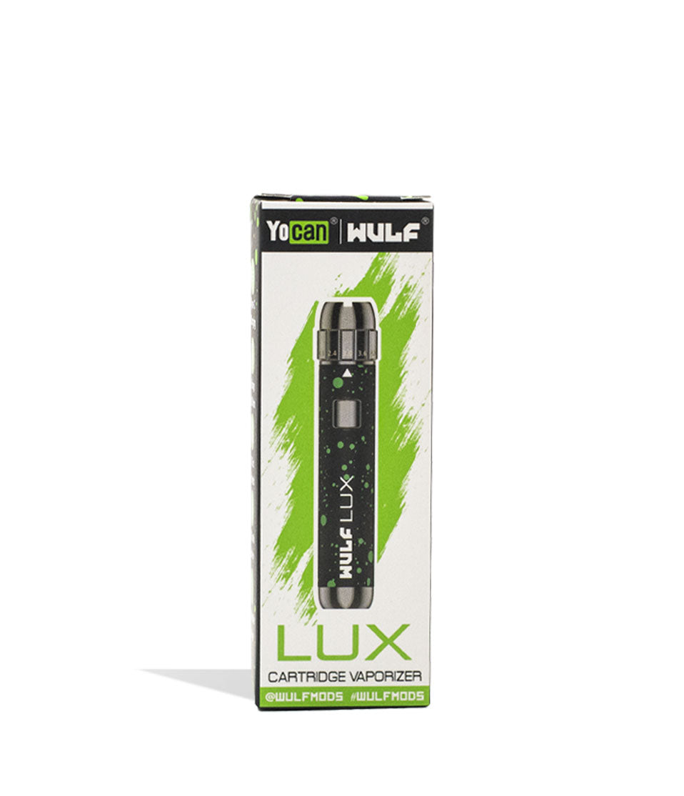 Black Green Spatter packaging Wulf Mods LUX Cartridge Vaporizer on white background