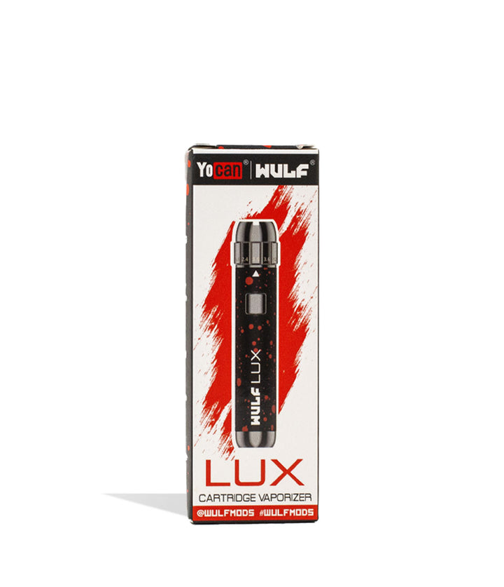 Black Red Spatter packaging Wulf Mods LUX Cartridge Vaporizer on white background