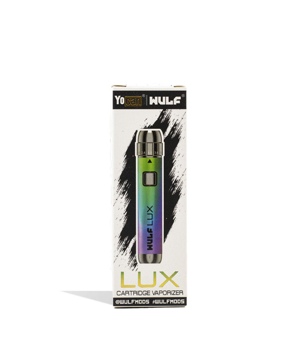 Full Color packaging Wulf Mods LUX Cartridge Vaporizer on white background