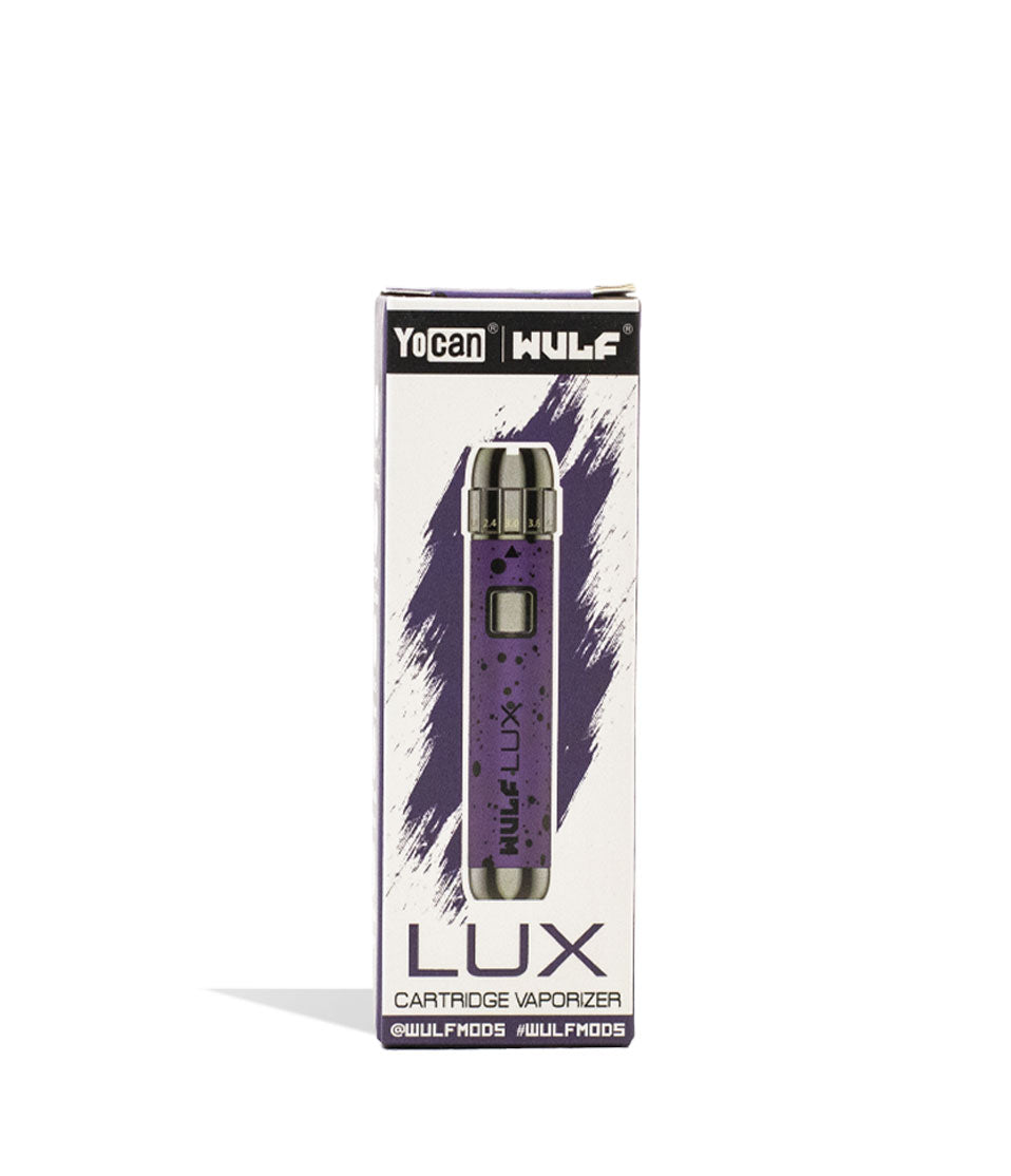 Purple Black Spatter packaging Wulf Mods LUX Cartridge Vaporizer on white background