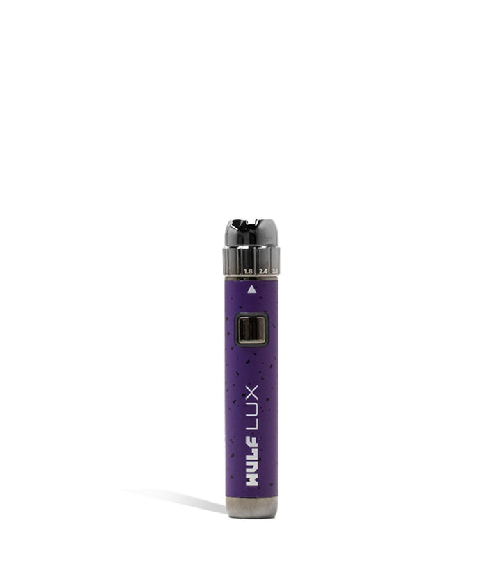 Purple Black Spatter Wulf Mods LUX Cartridge Vaporizer on white background