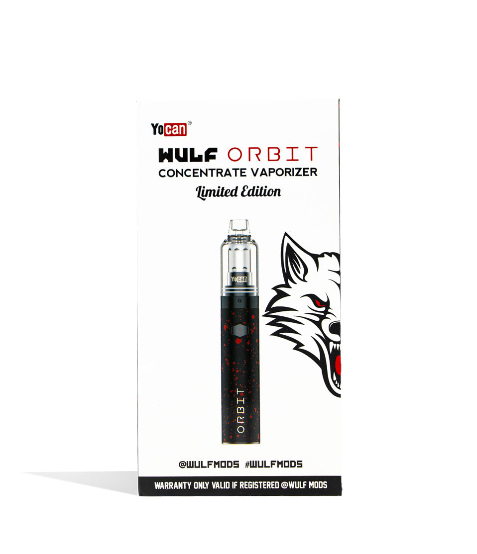 Black Red Spatter packaging Wulf Mods Orbit Concentrate Vaporizer on white background