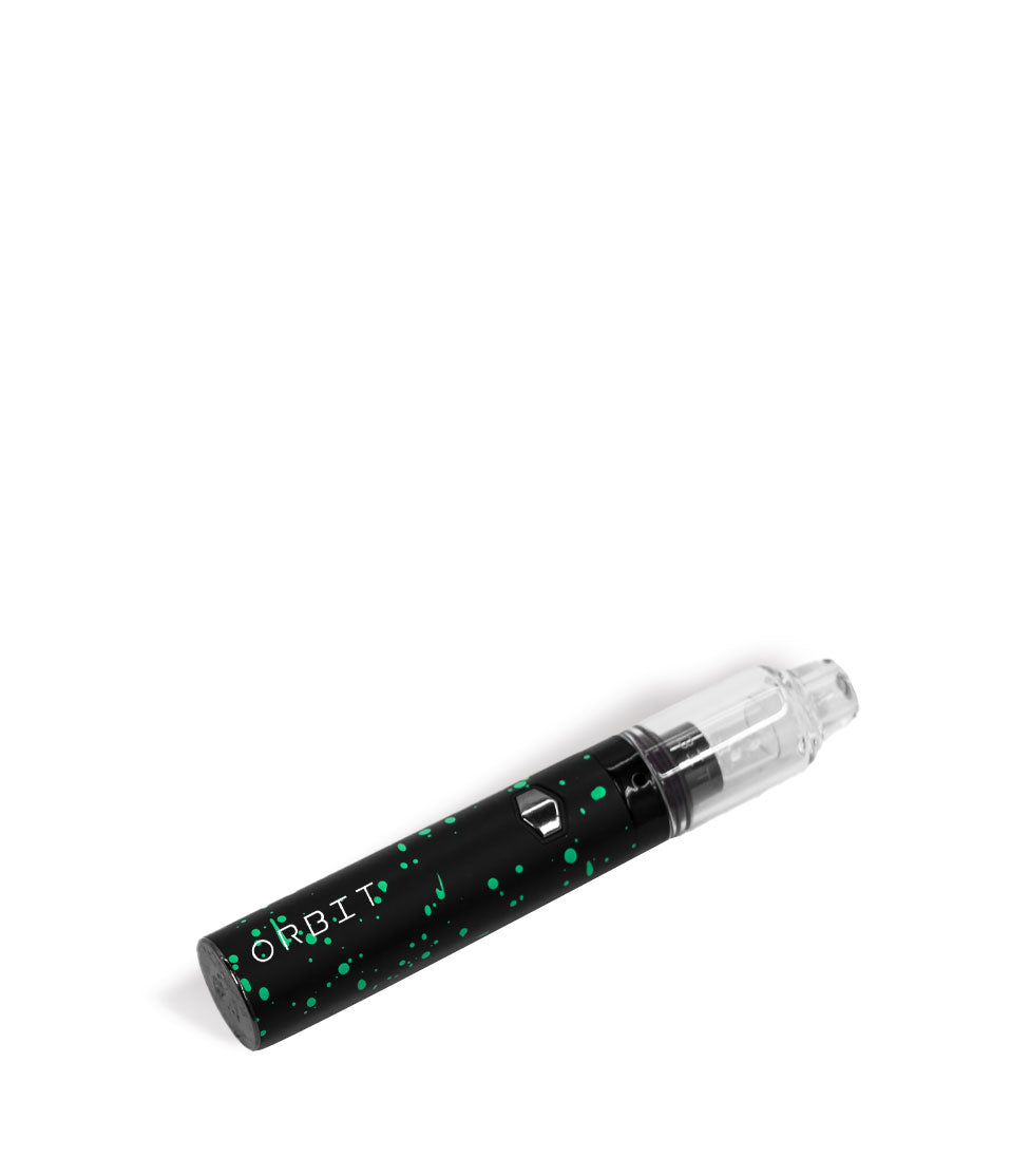 Black Green Spatter laying down Wulf Mods Orbit Concentrate Vaporizer on white background