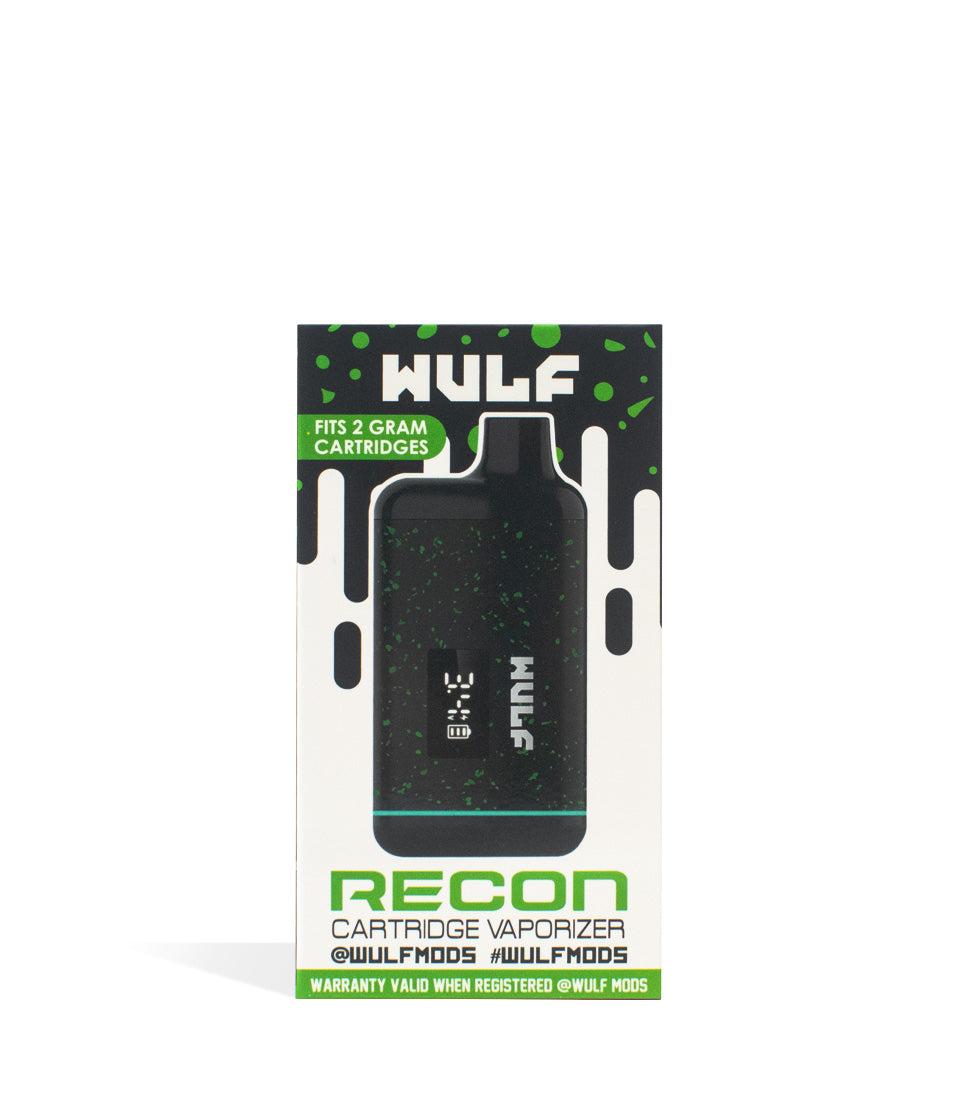 Black-Green Spatter packaging Wulf Recon Cartridge Vaporizer on white background