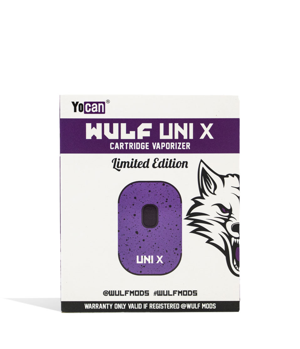 Purple Black Spatter packaging Wulf Mods UNI X Cartridge Vaporizer on white background