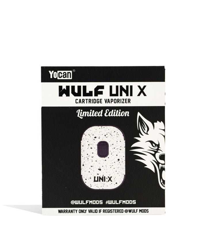 White Black Spatter packaging Wulf Mods UNI X Cartridge Vaporizer on white background